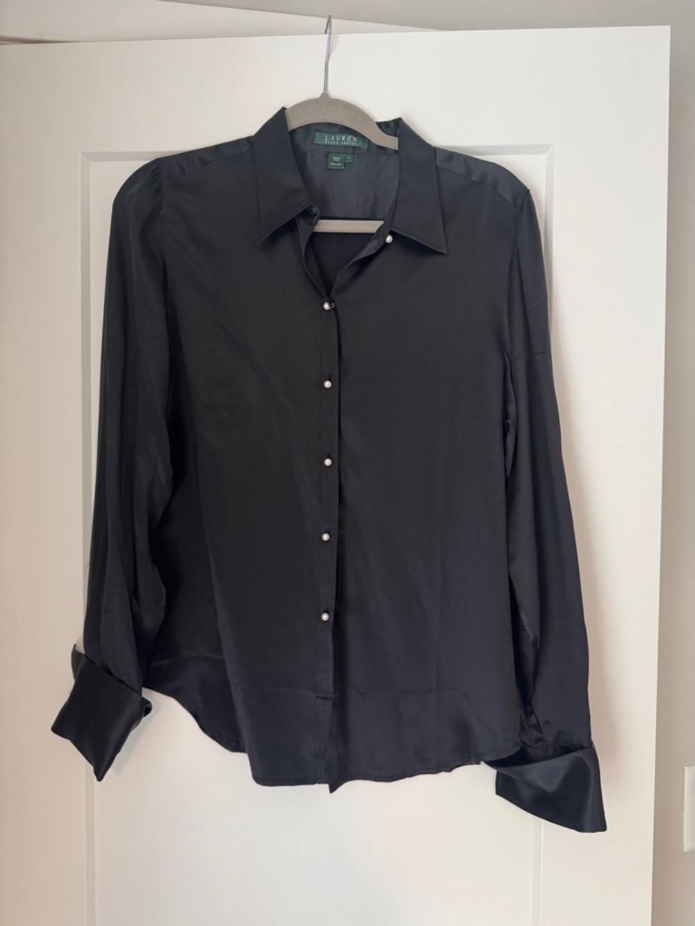 Vintage Lauren Ralph Black Silk Pearl Button-Down Shirt